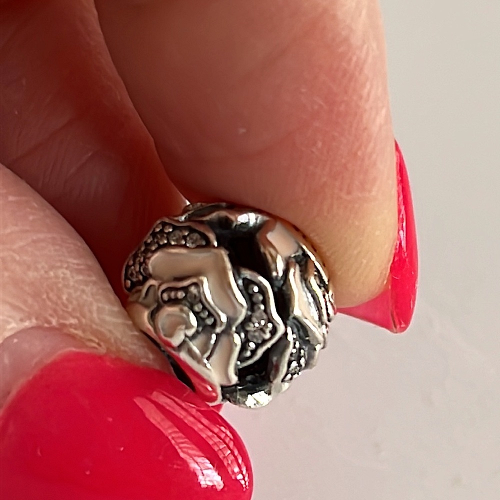 Pandora Sterling Silver “Delicate Rose” Pink Enamel Rose Charm